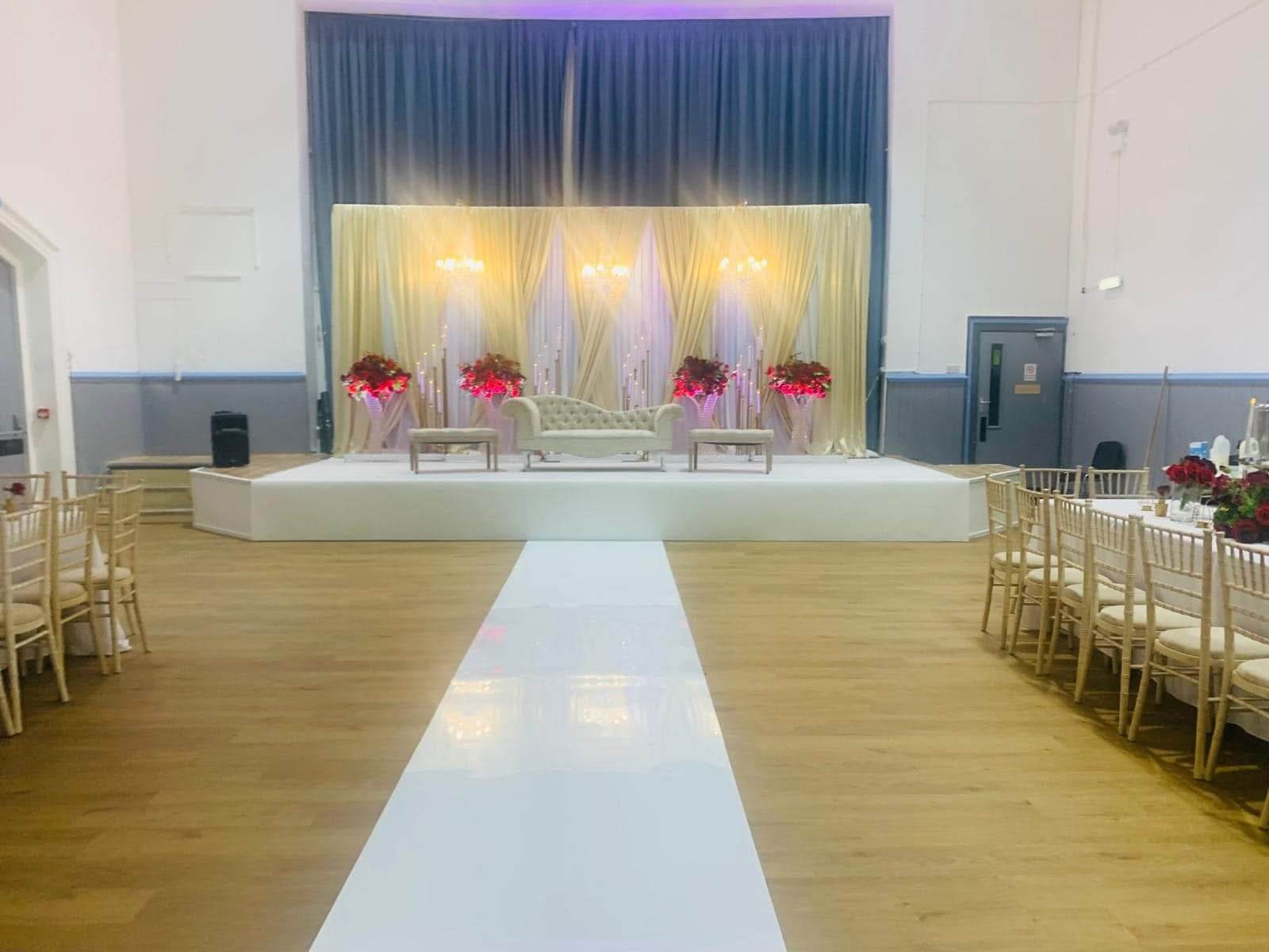 A hired room set up for an event